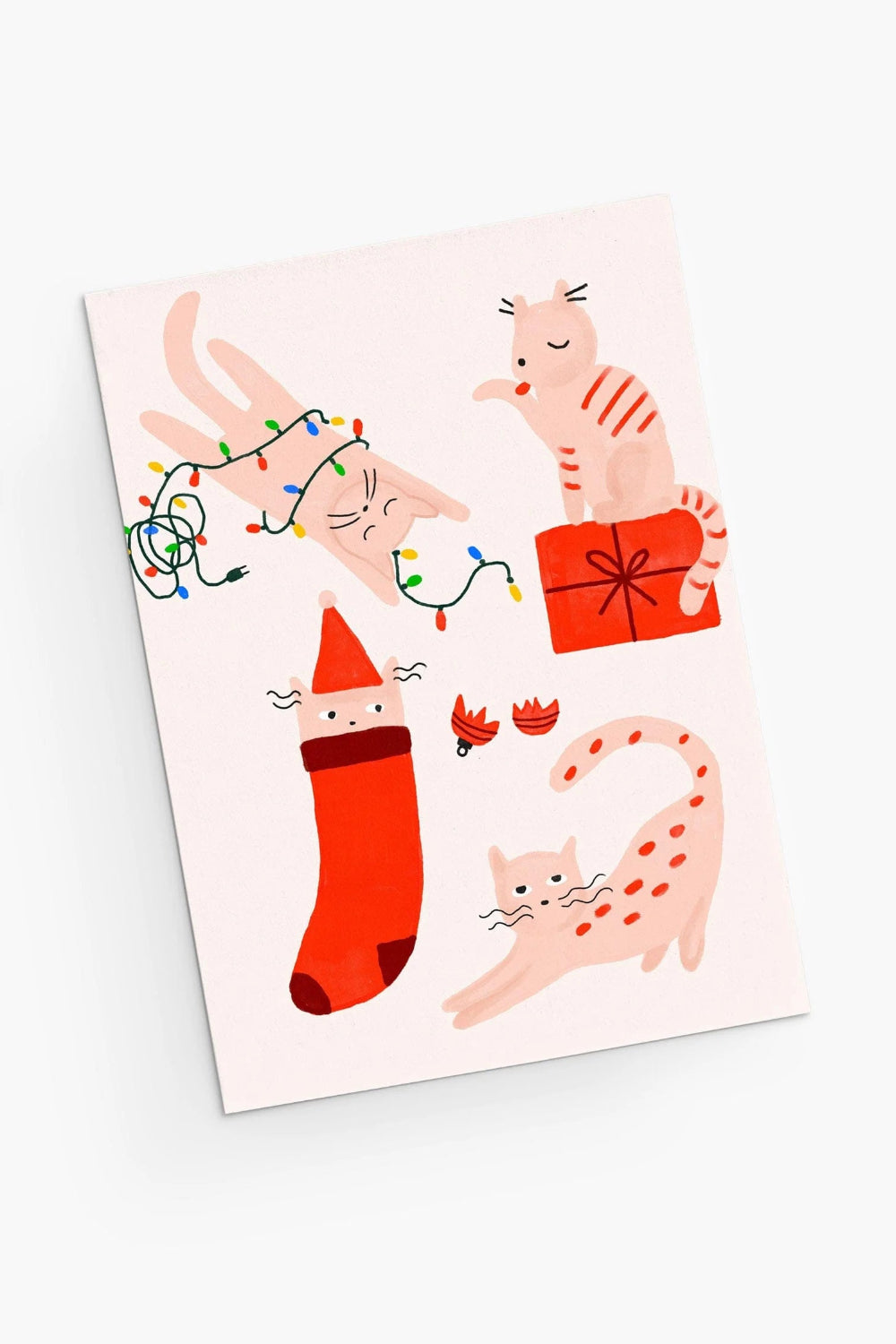 Illustrated card from Mimi and August with Christmas themed kitties on a white background