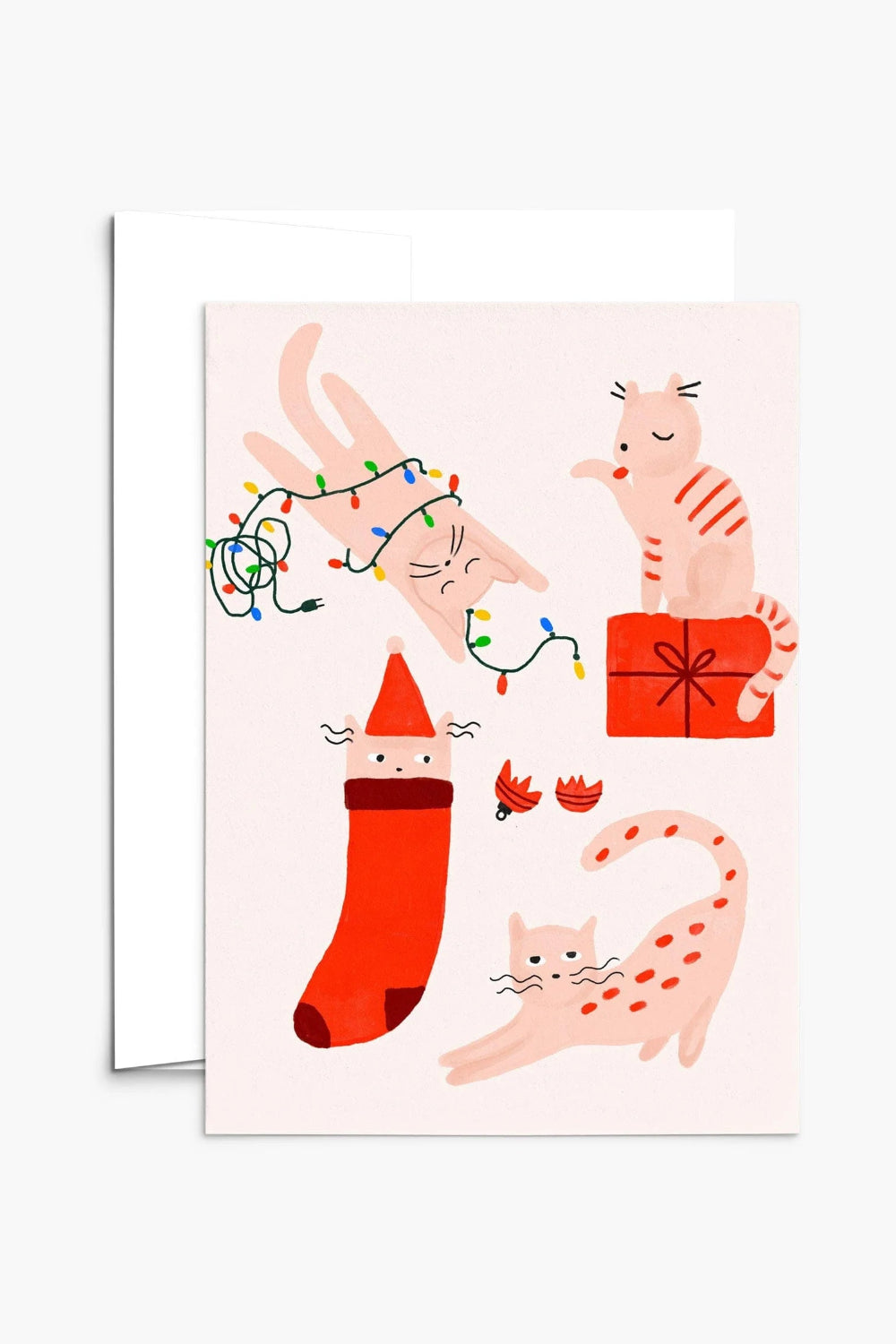 Illustrated card from Mimi and August with Christmas themed kitties on a white background