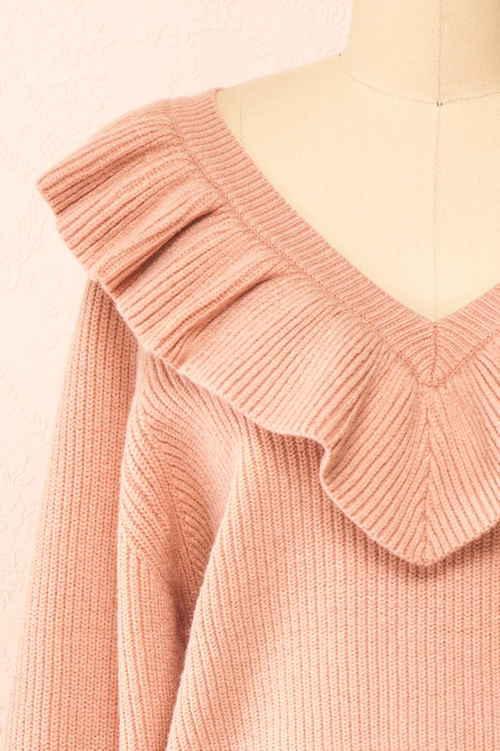 Miaro Pink Ruffled V-Neck Knit Sweater | Boutique 1861 front close-up