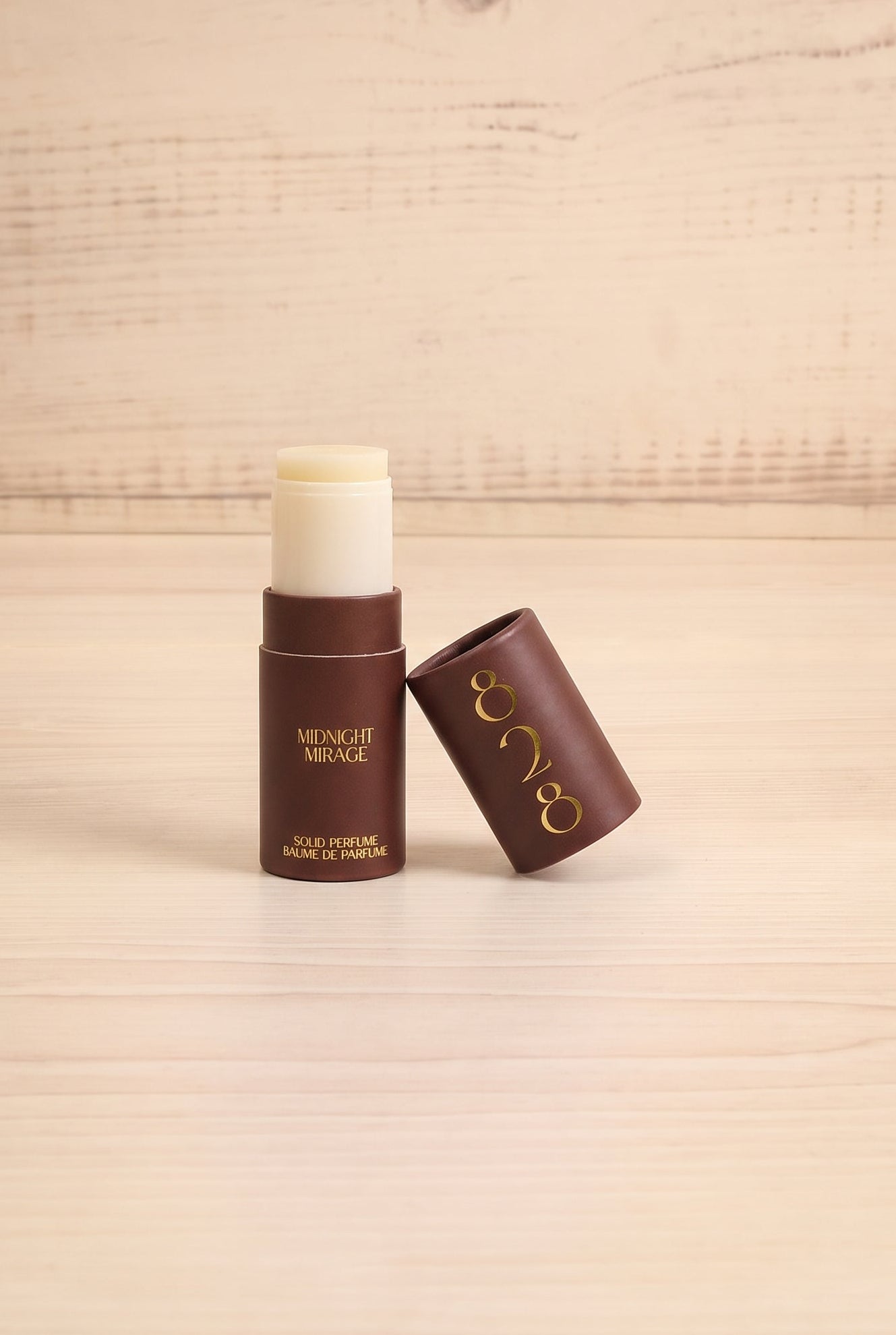 Front view of the Midnight Mirage solid perfume by 828 Aroma open, handmade in Canada and available at Maison Garçonne.