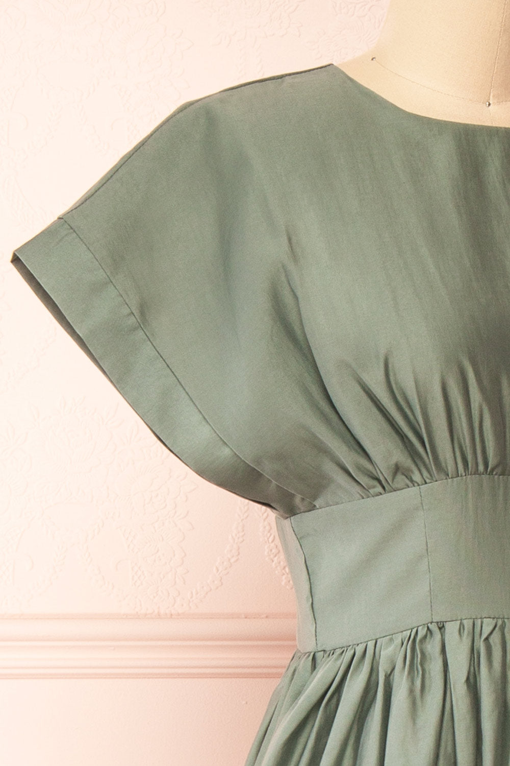 Miriel Sage Midi Dress w/ Short Sleeves | Boutique 1861 side close-up