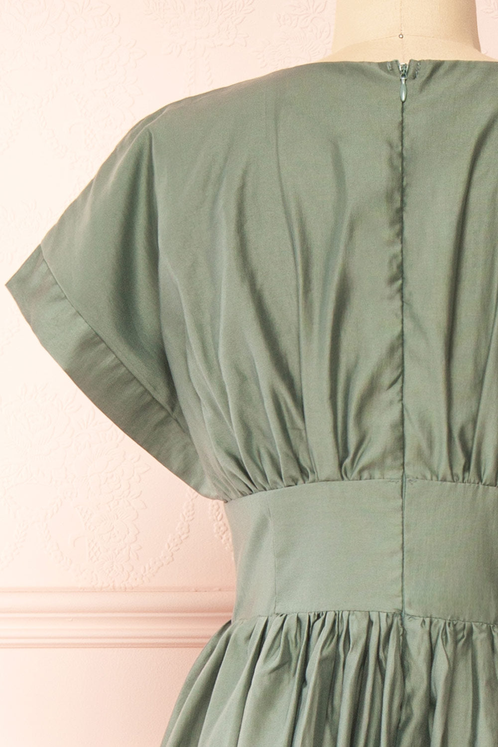 Miriel Sage Midi Dress w/ Short Sleeves | Boutique 1861 back close-up