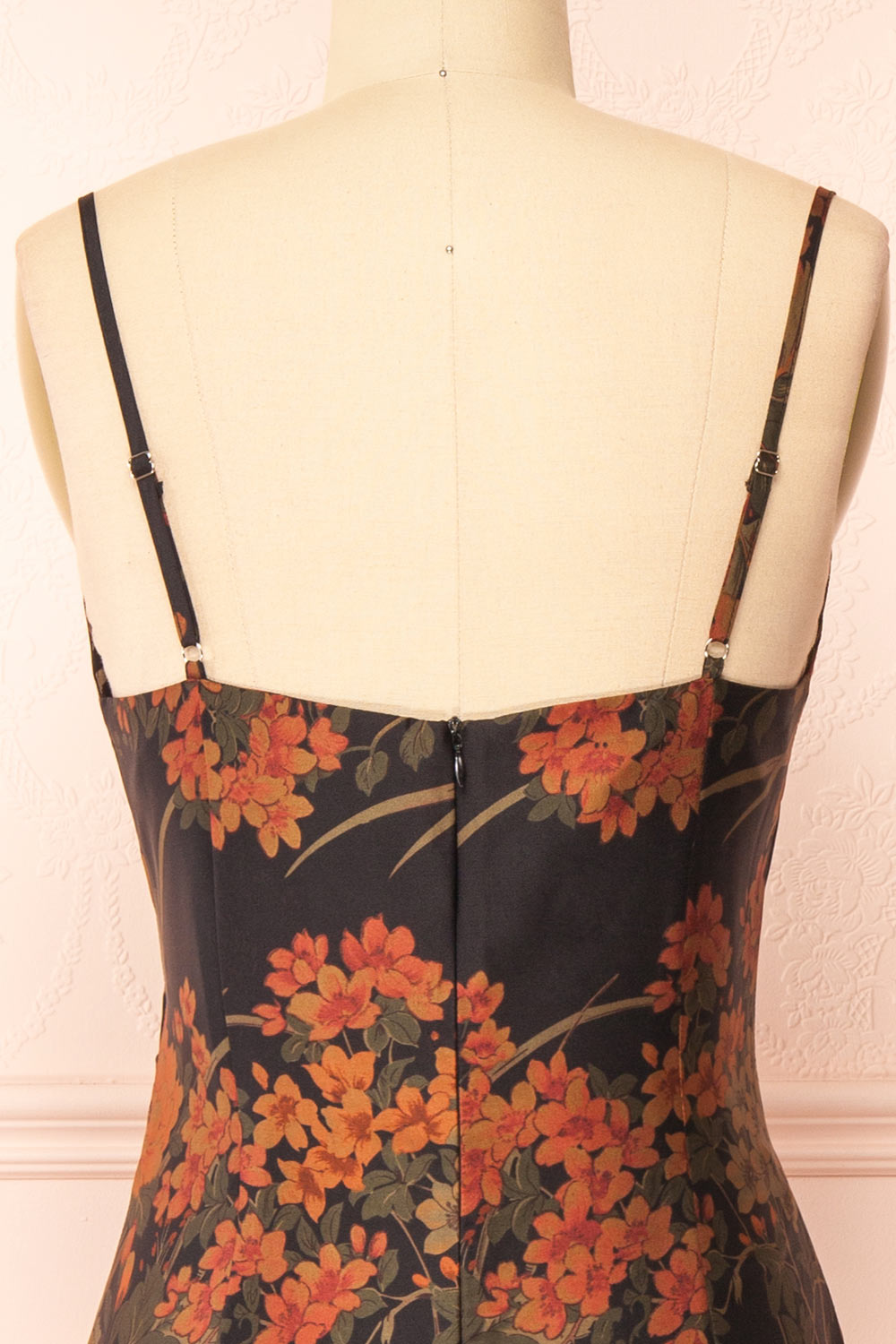 Myrtana Cowl Neck Floral Satin Slip Dress | Boutique 1861 back close-up