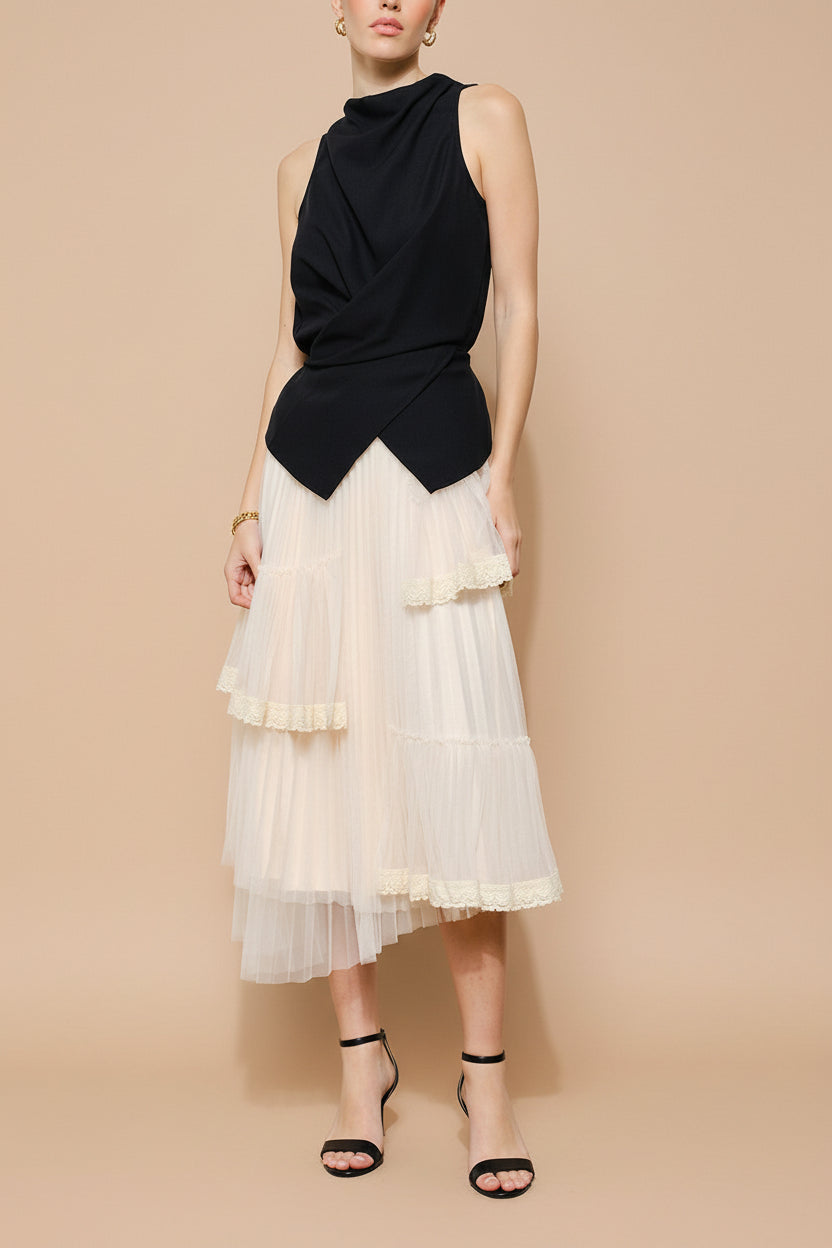 view of a woman wearing Nadege Pink Maxi Skirt with Lace Trim Detail from Boutique 1861