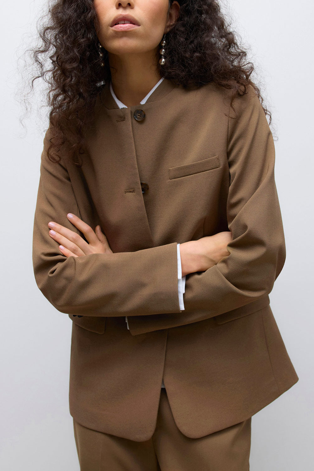 Nador Brown Button-Up Blazer | La petite garçonne model close-up