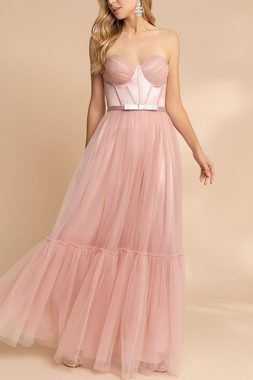 Nicola Rose Pâle | Robe Maxi Corset Sans Bretelles