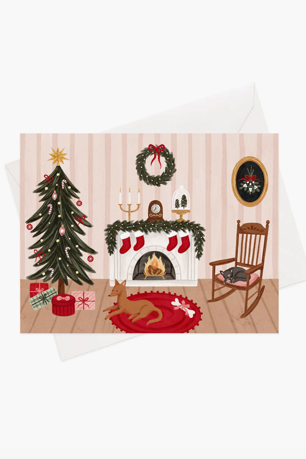 Christmas-themed greeting card with a fireplace, tree, and stockings from Marie-Lise illustration