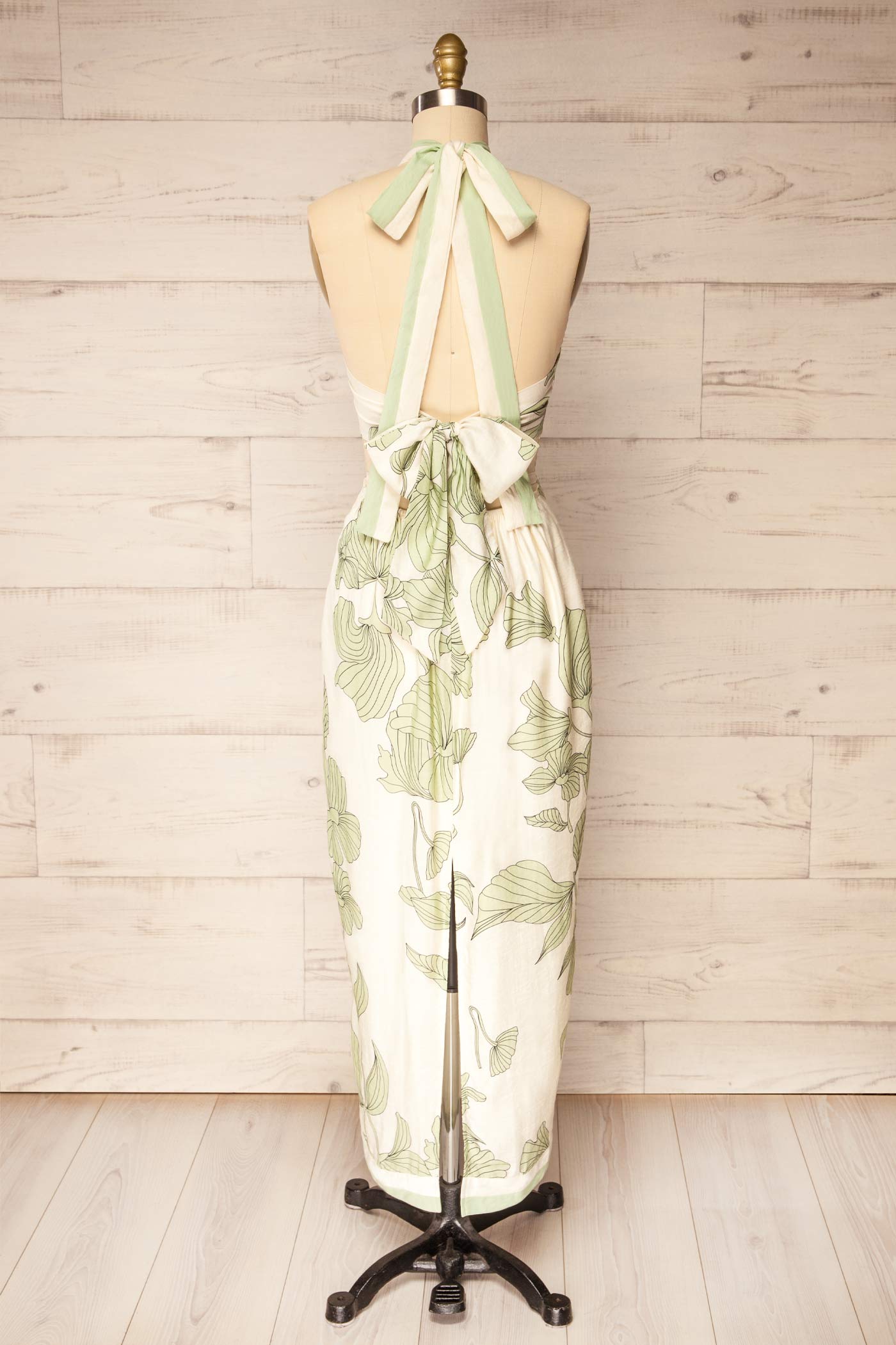 Nadiah White Botanical Print Halter Midi Dress with Waist Cutouts and Slit | La petite garçonne back view