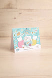 A small illustrated greeting card by foonie showing two cartoon bears around a fishbowl with a blue watermelon-patterned background and the text 'Congrats on your little one!'. at la maison garçonne montreal