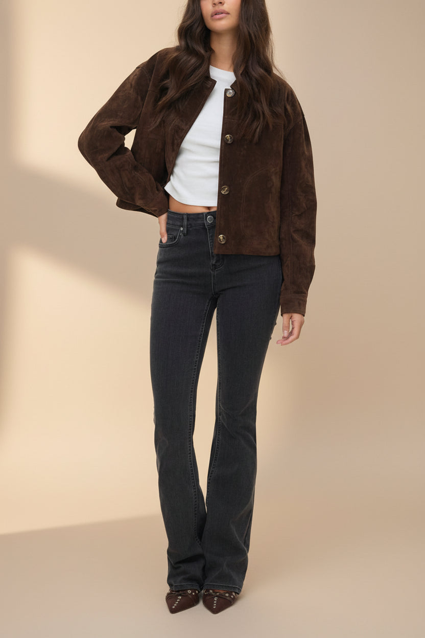 Oban Short Brown Suede Jacket | La petite garçonne view model