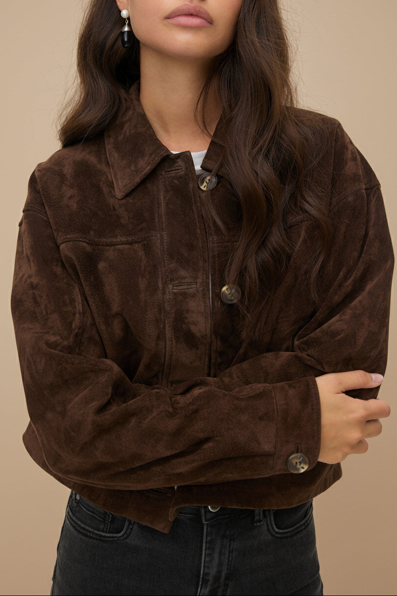 Oban Short Brown Suede Jacket | La petite garçonne front model