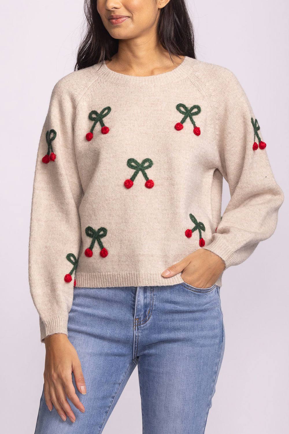 Omaha Beige Sweater with Knitted Cherries | La petite garçonne front model