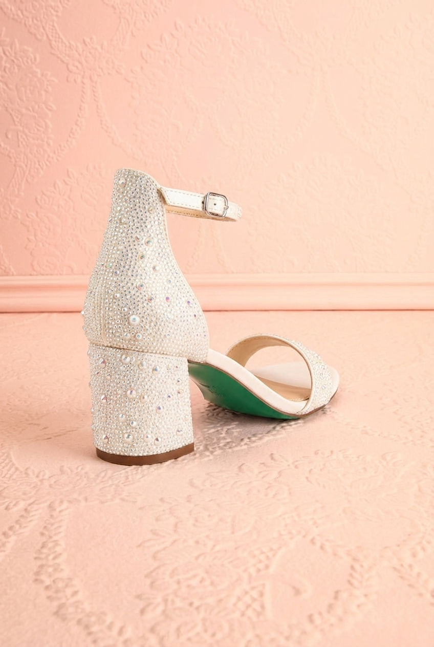 Back view of the White Pearl Embellished Block Heel Sandals Orchidee from Betsey Johnson with a slingback design at boutique 1861