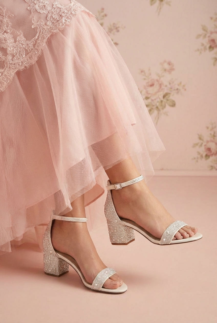 Woman wearing the White Pearl Embellished Block Heel Sandals Orchidee from Betsey Johnson with a slingback design at boutique 1861