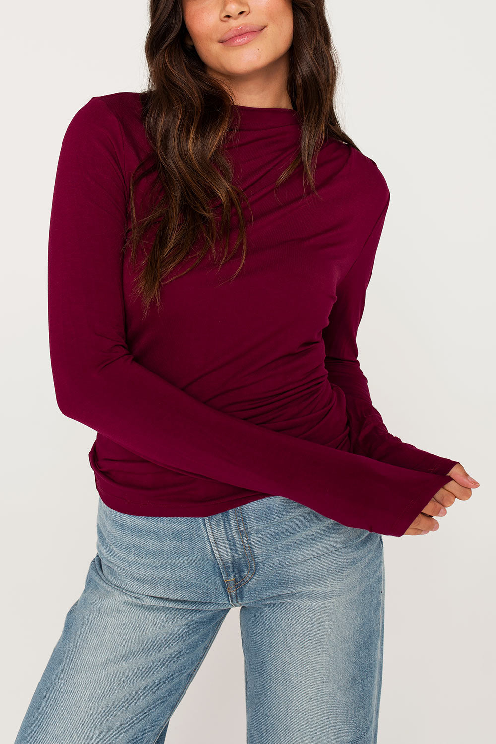 Ophelya Burgundy Long Sleeve Fitted Top by Dailystory | La petite garçonne