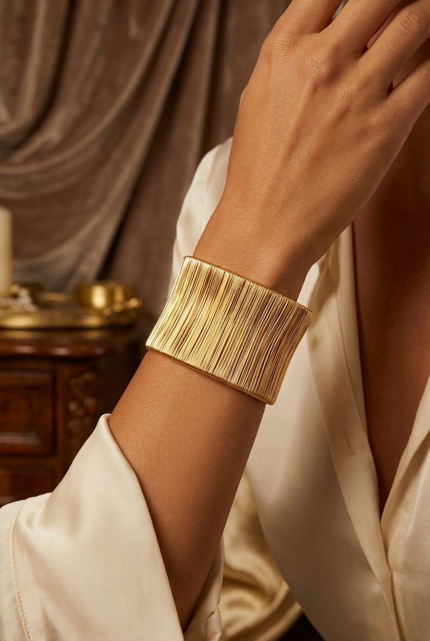 Woman wearing a Gold bracelet Orbit on her wrist