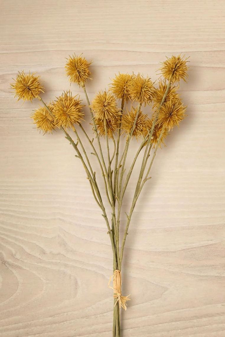 White vase with Chestnut Ball flower Bouquet in Light Brown on a wooden surface against a black background