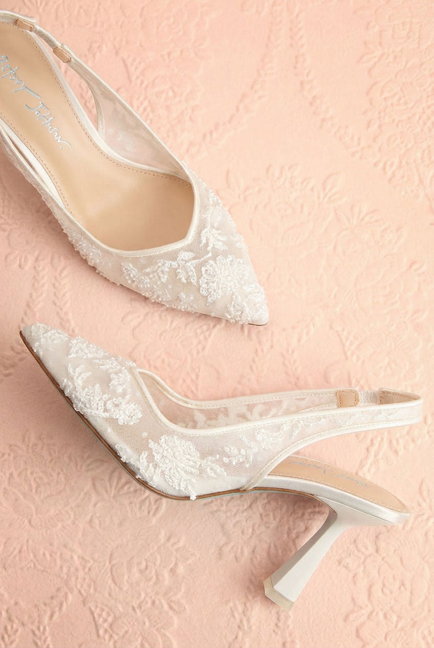 Top view of the White Slingback Heels with Embroidery Perseide from Betsey Johnson with a slingback design at boutique 1861
