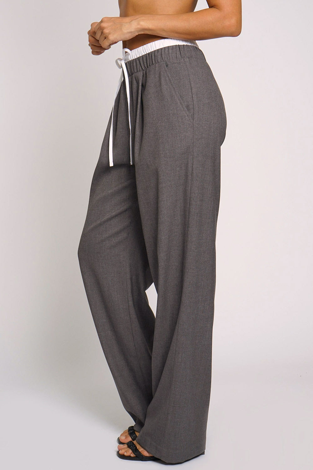 Positano Grey Pants with Double Waistband | La petite garçonne side model