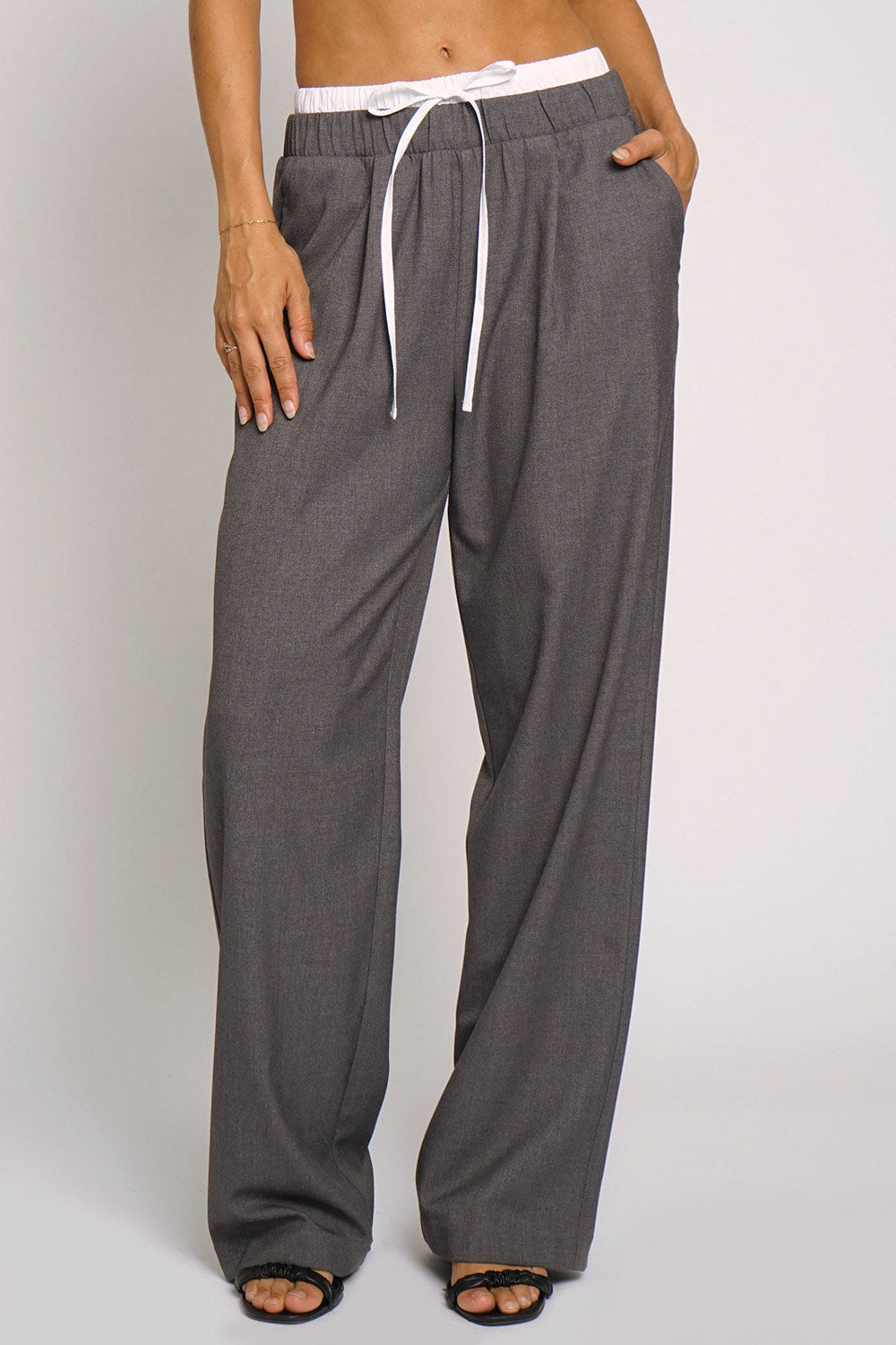 Positano Grey Pants with Double Waistband | La petite garçonne model front