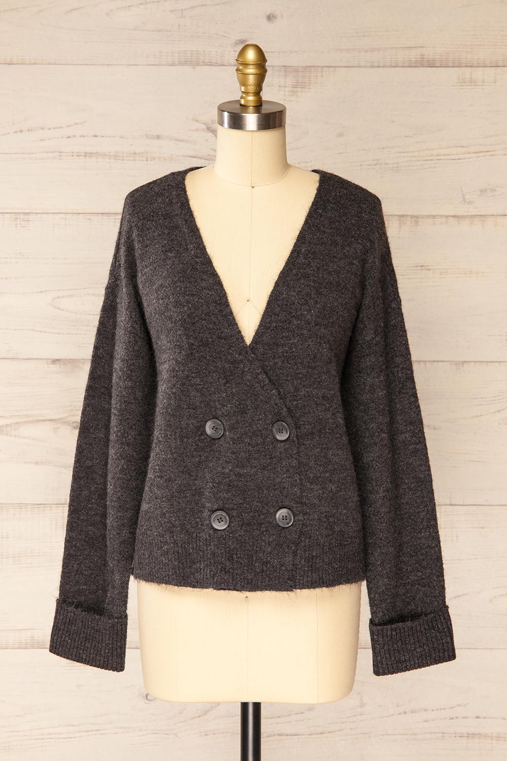 Perceval Grey Double-Breasted Knit Cardigan | La petite garçonne front view