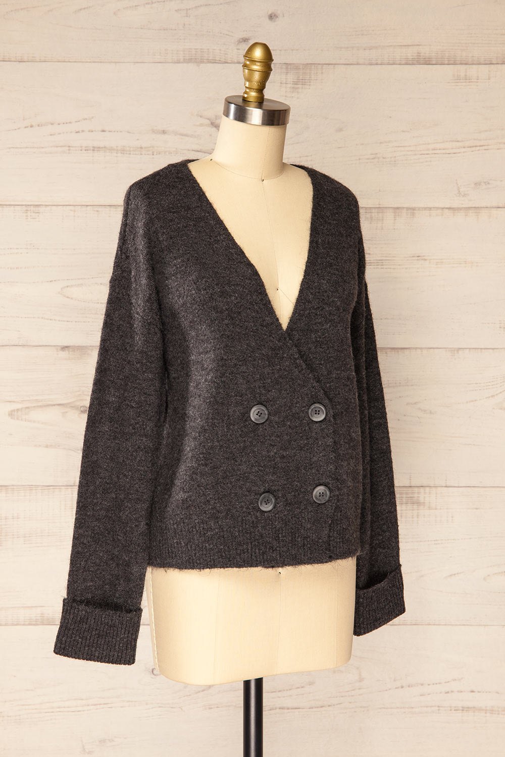 Perceval Grey Double-Breasted Knit Cardigan | La petite garçonne side view