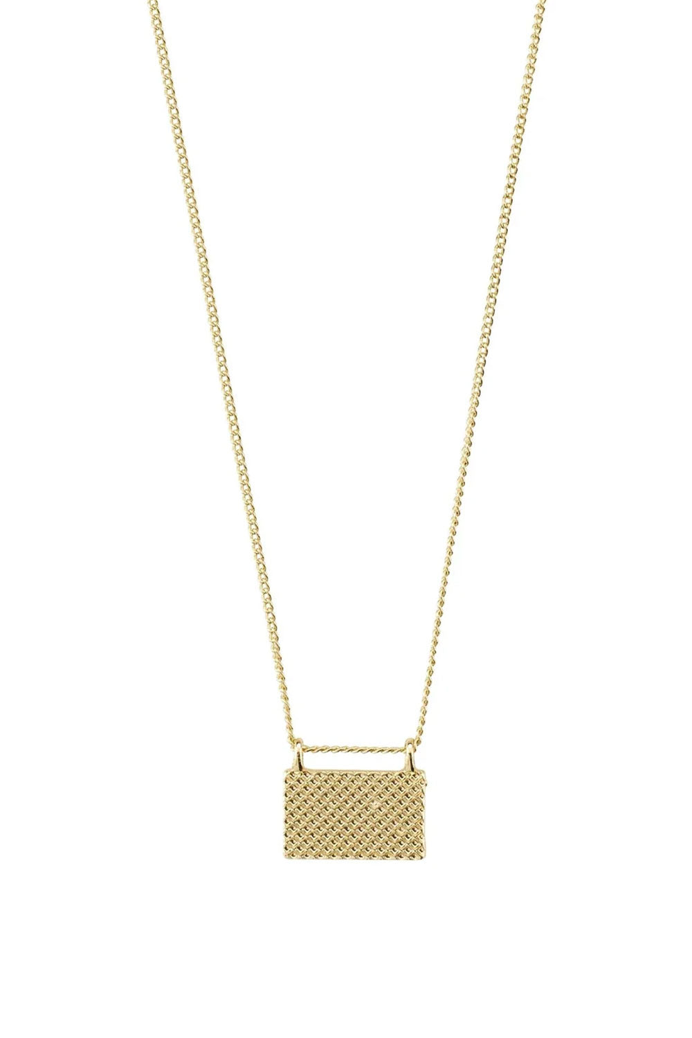 Close-up of Pulse from Pilgrim, a gold necklace with a geometric pendan. Available at la petite garçonne in Montreal