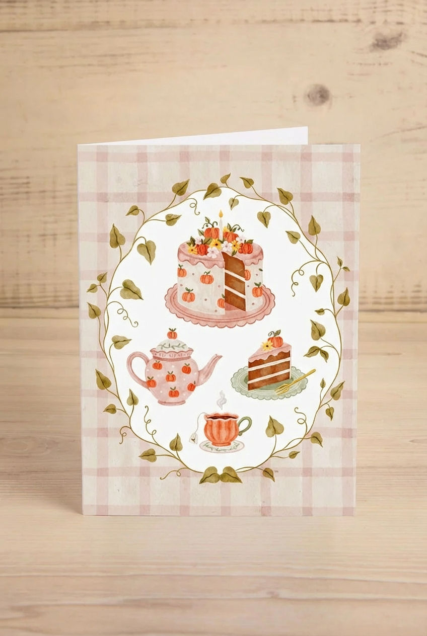 Card with illustrations of Pumpkin Spice cake, a teapot, and teacups from Marie-Lise