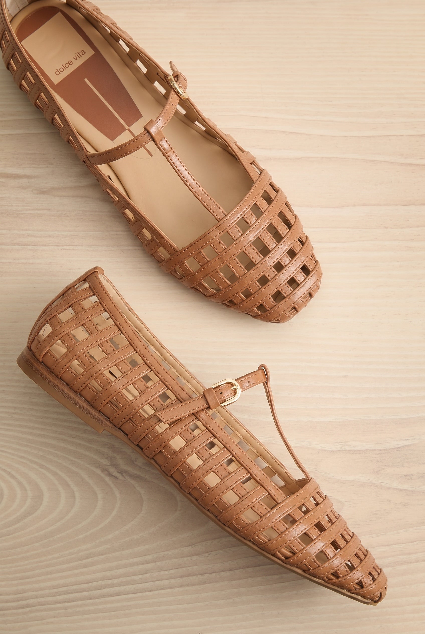 Pairs of Dolce Vita Rains Brown Woven T-Strap Ballet Flats at la petite garçonne