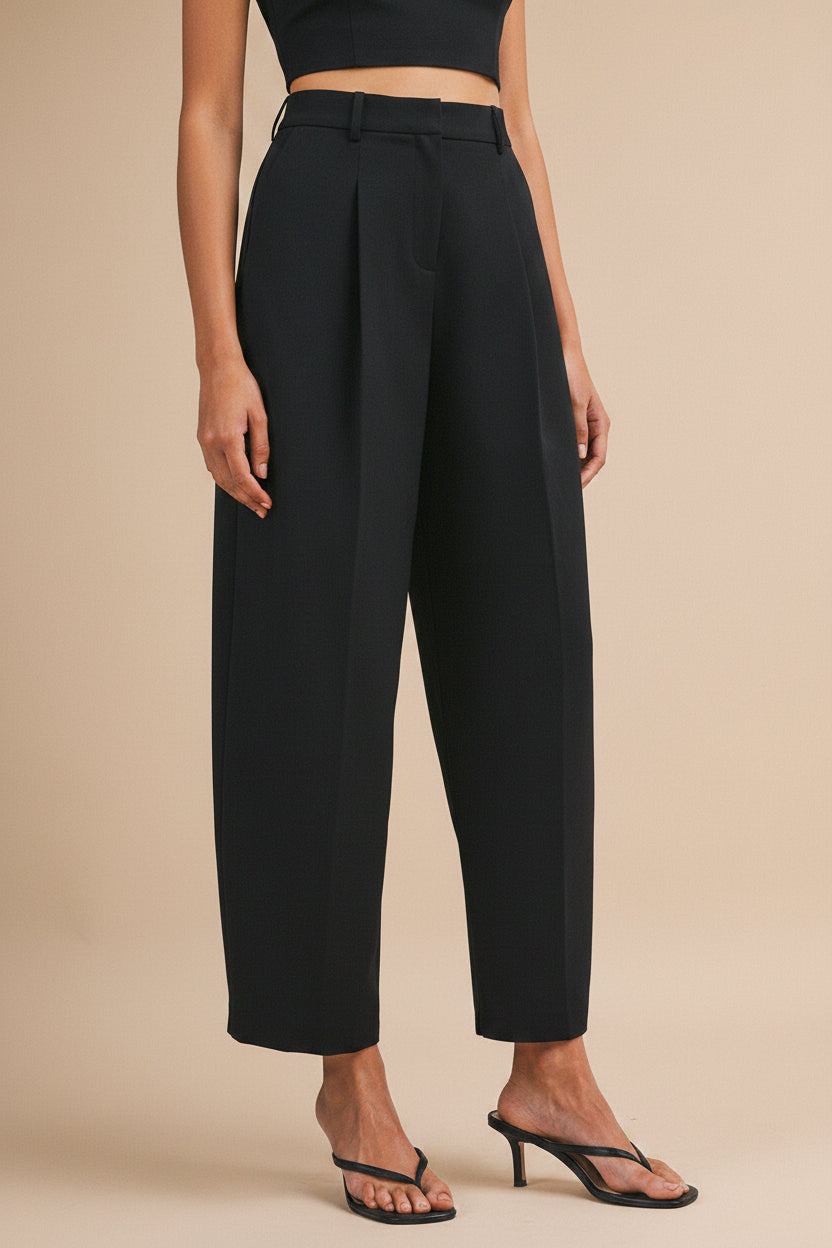 a woman wearing Raipur Black Barrel Legs Tailored Pants from La petite garçonne