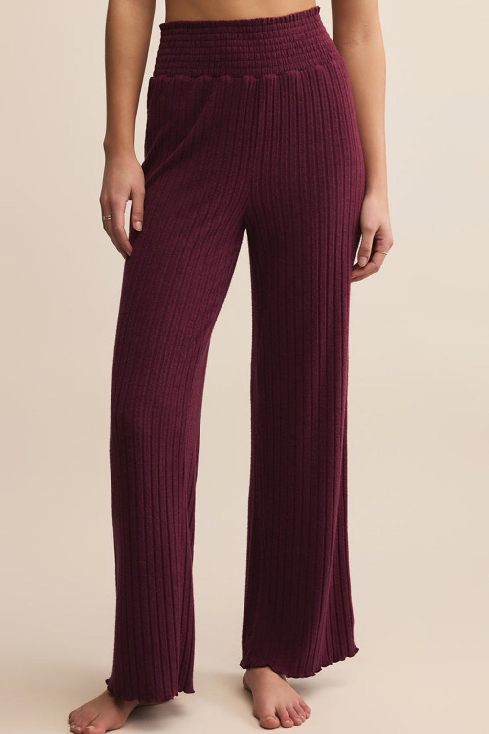 Ravyn Burgundy Soft Ribbed Knit Pants | La petite garçonne front model