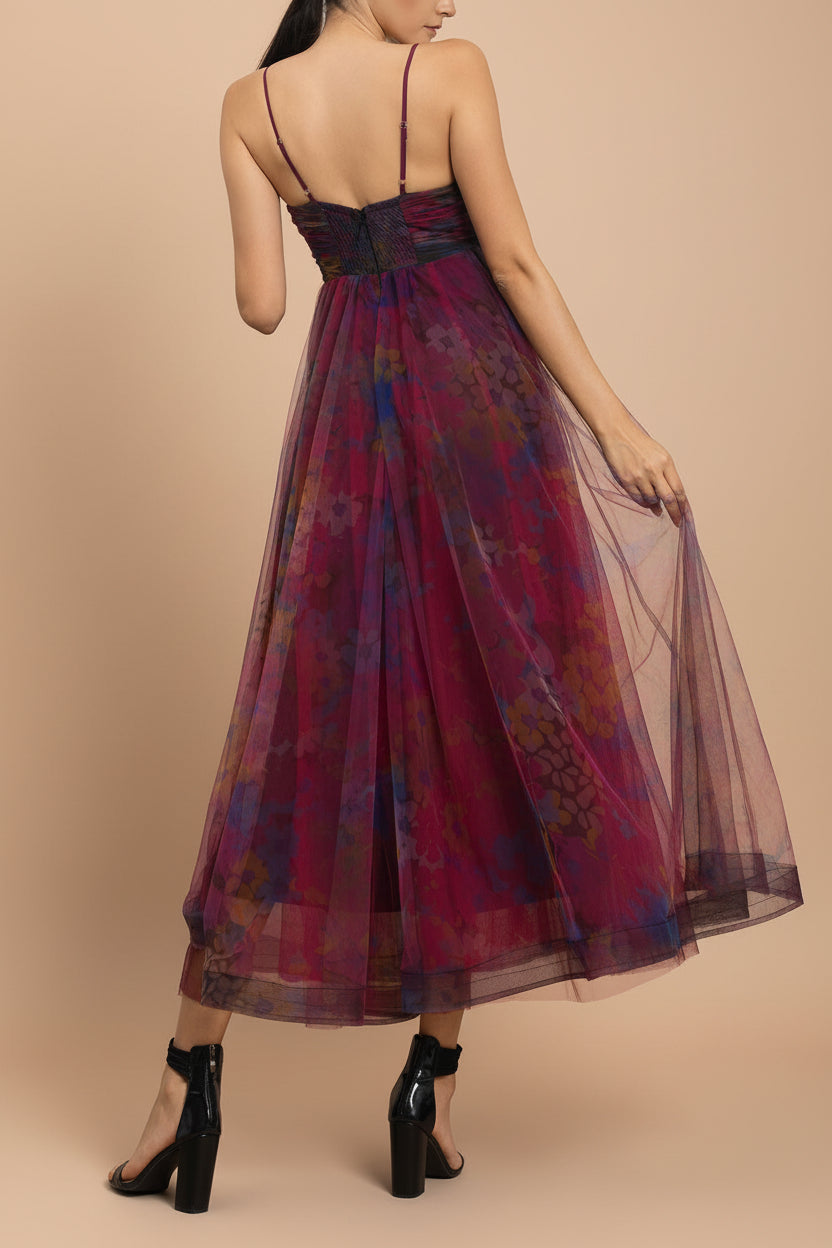 back of a woman wearing Rayne Burgundy Floral Midi Tulle Dress from Boutique 1861