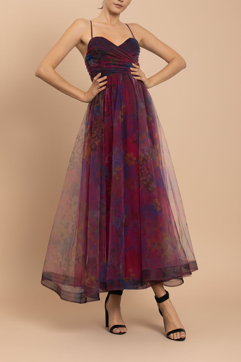 a woman wearing Rayne Burgundy Floral Midi Tulle Dress from Boutique 1861
