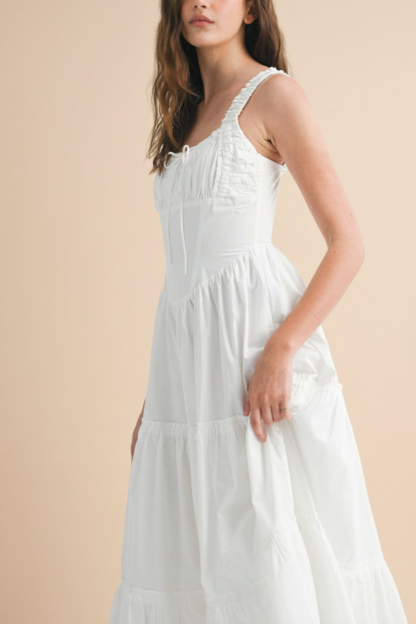 sideview woman wearing Rhianon Ivory Maxi A-Line Dress on a mannequin from boutique 1861
