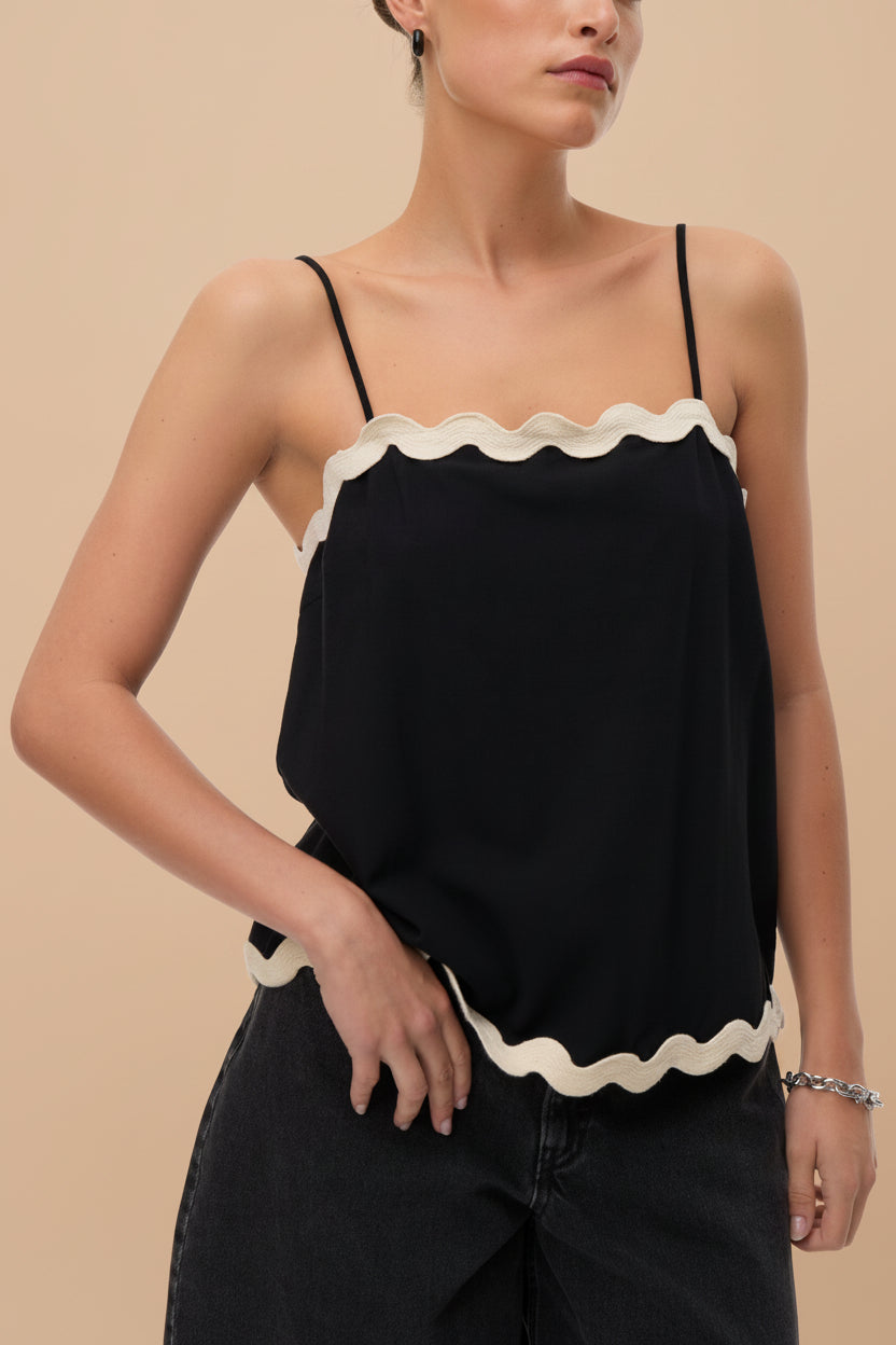 woman wearing Rieti Black Camisole with Scalloped Edges at la petite garçonne