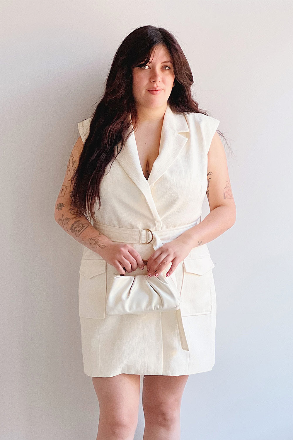 Abbotsford | White Sleeveless Tweed Blazer Dress- Boutique 1861 on model