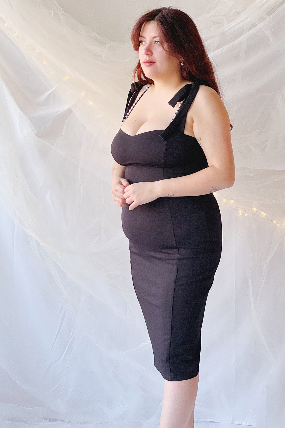 Alarice Fitted Midi Black Dress | Boutique 1861 on model