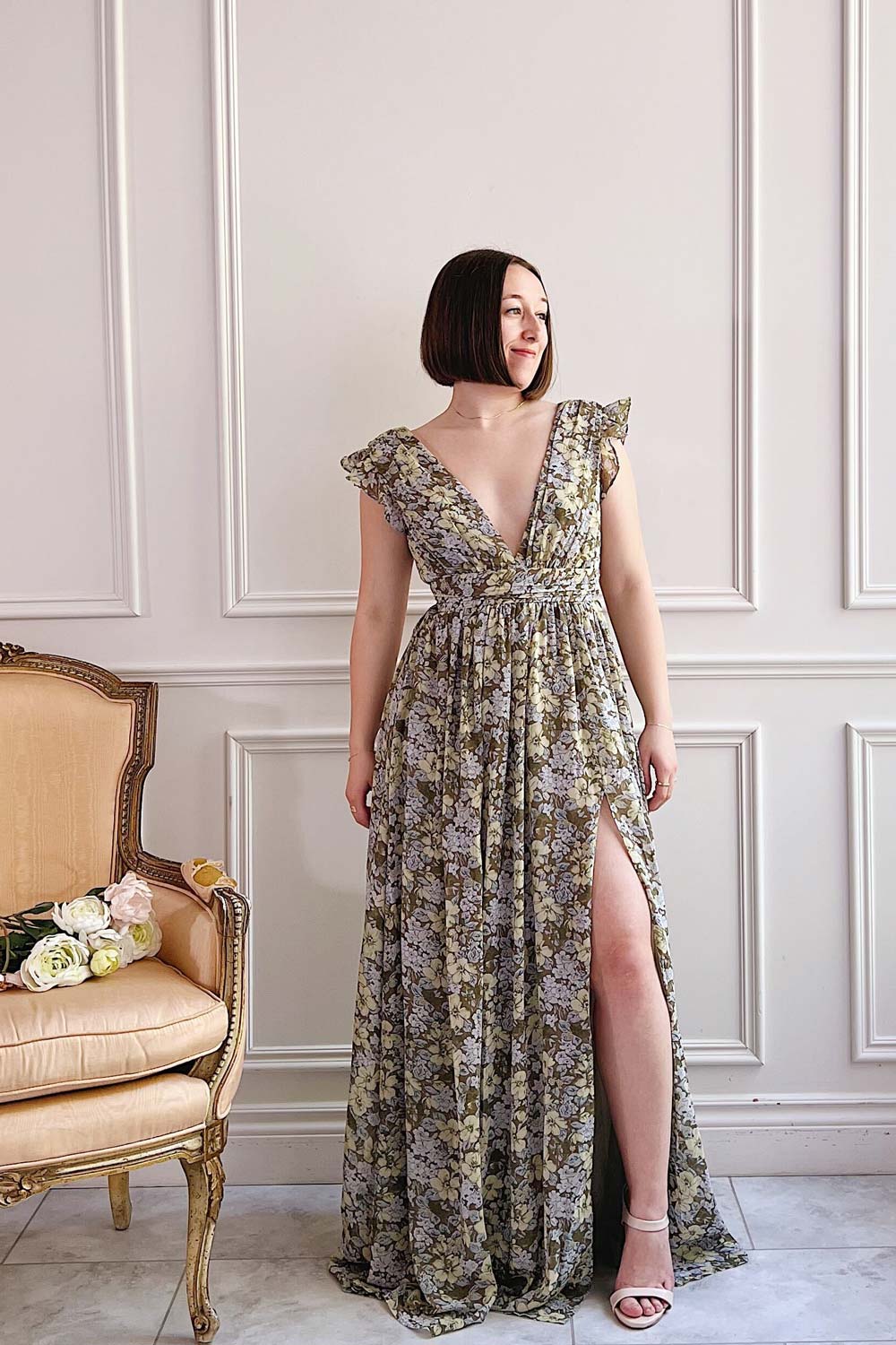 Alinia | Floral Chiffon Maxi Dress w/ Plunging Neckline- Boutique 1861 on model