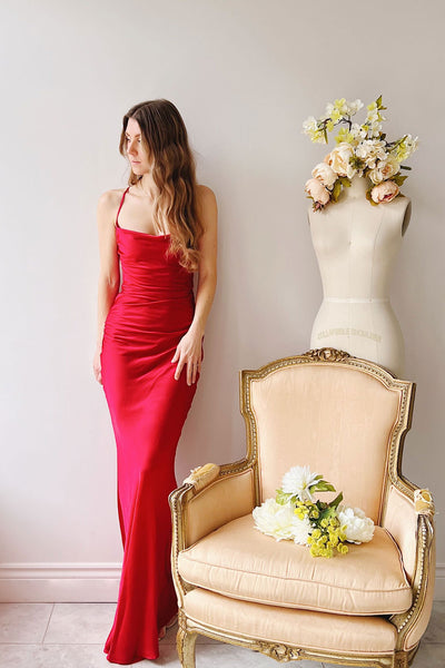 Amana Red | Maxi Satin Dress w/ Cowl Neck- Boutique 1861 on model