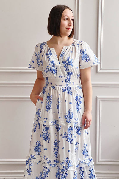 Claudia | White Maxi Dress w/ Blue Floral Pattern- boutique 1861 on model