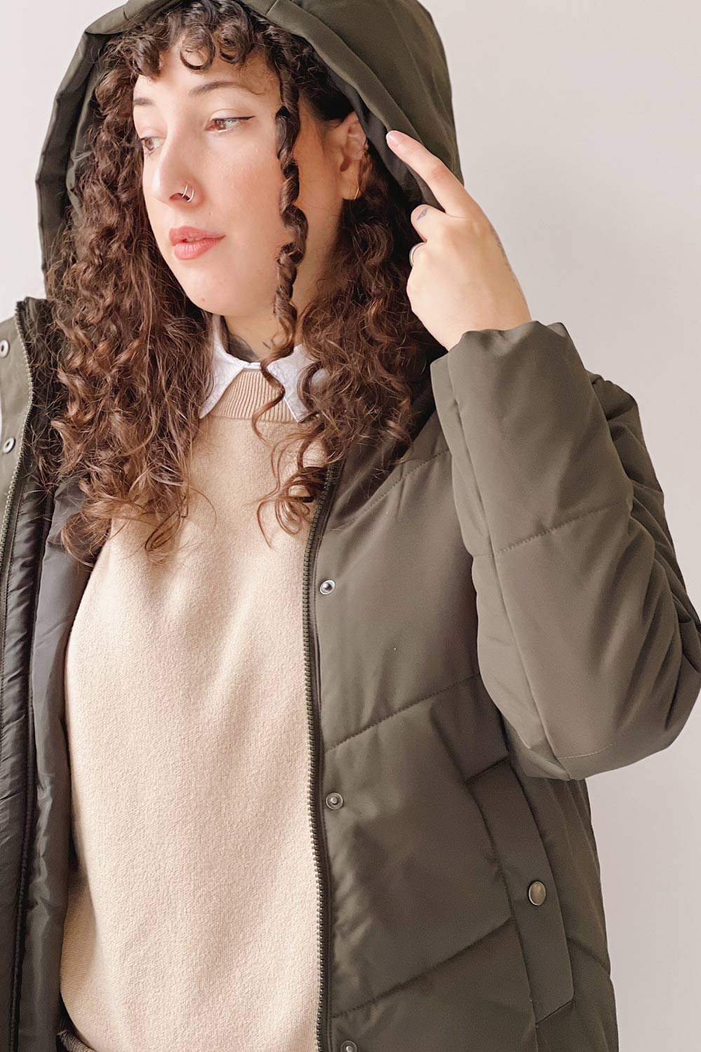 Tuvalu Khaki | Quilted Coat w/ Side Vents- boutique 1861 on model