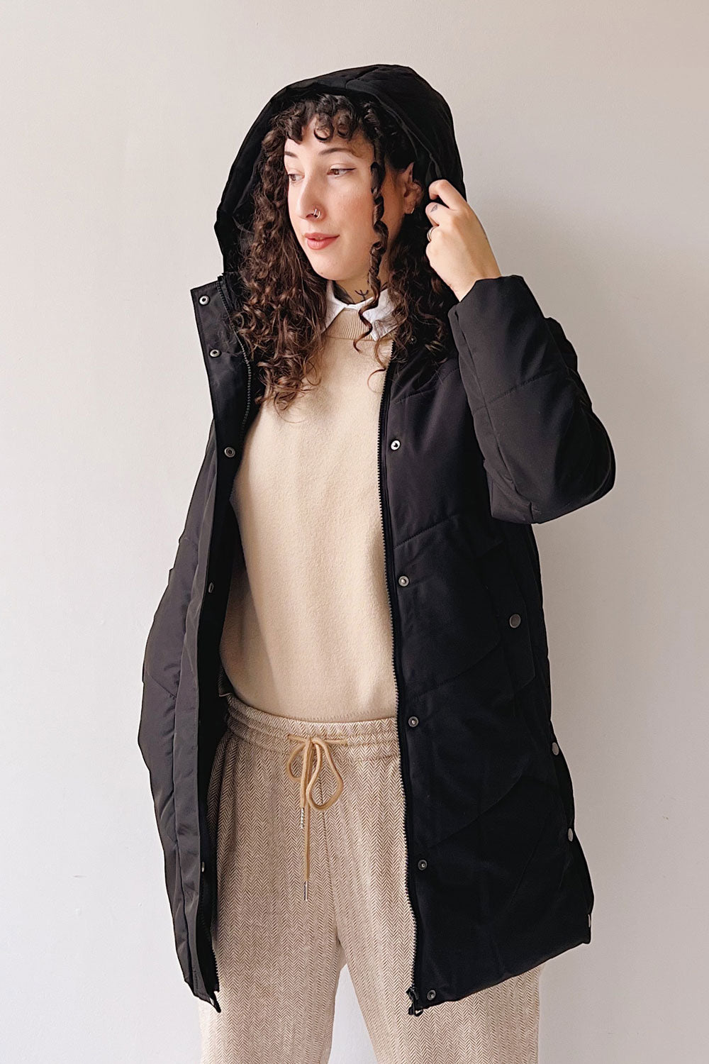 Tuvalu Black Quilted Coat w/ Side Vents | La petite garçonne on model