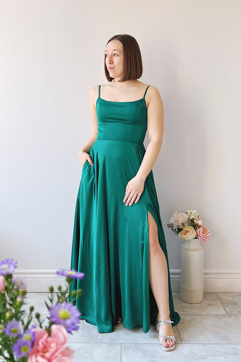 Darcy Green | Maxi Satin Dress w/ Slit- boutique 1861 on model