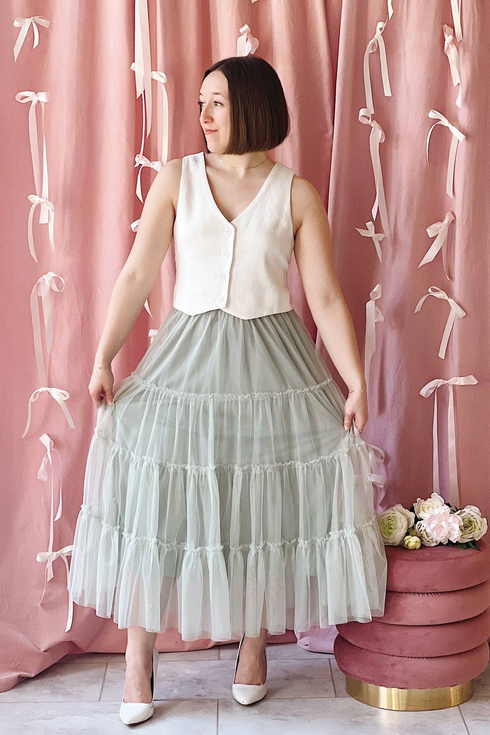 Yotsuba Sage | Tiered Tulle Midi Skirt- boutique 1861 on model