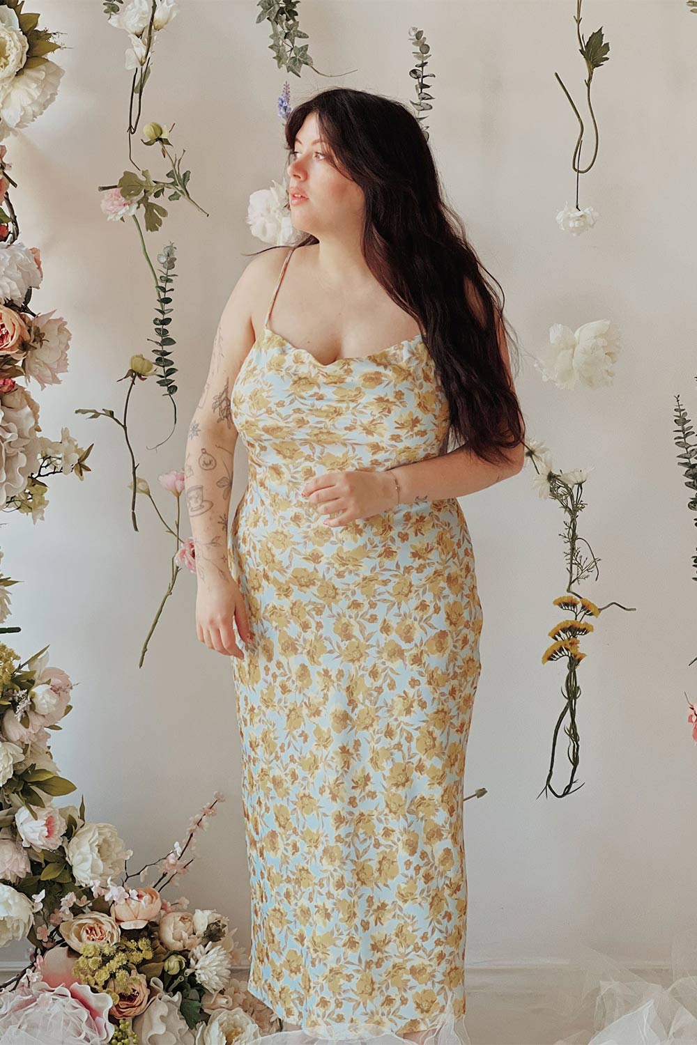 Dayna | Cowl Neck Floral Midi Dress | Boutique 1861 on model