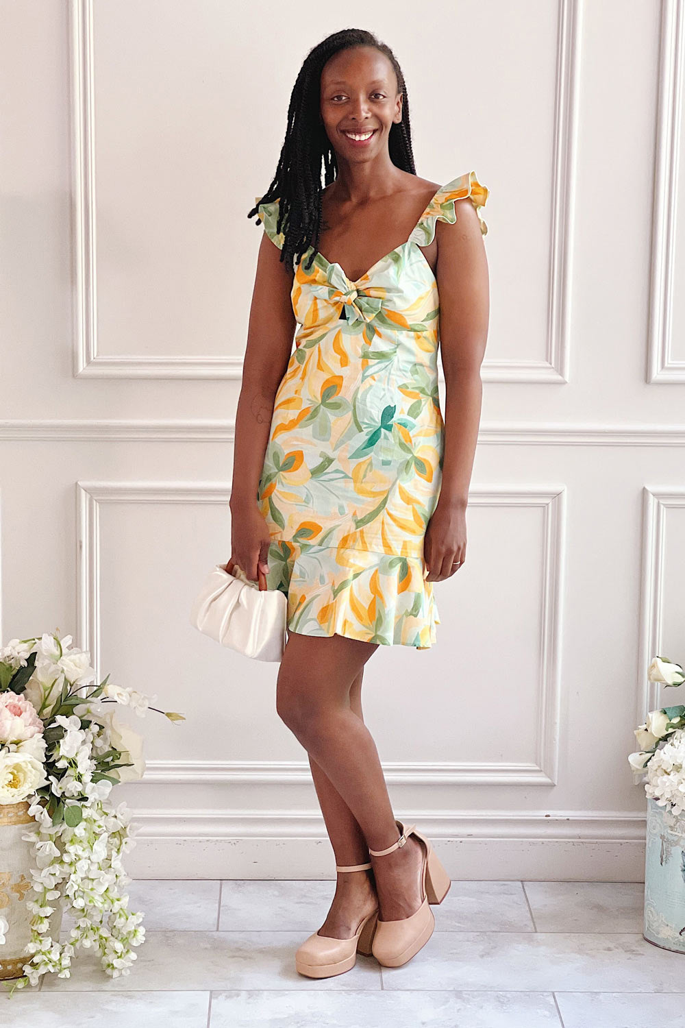 Dolabella | Short Colourful Dress w/ Leaves Motif- Boutique 1861 on model