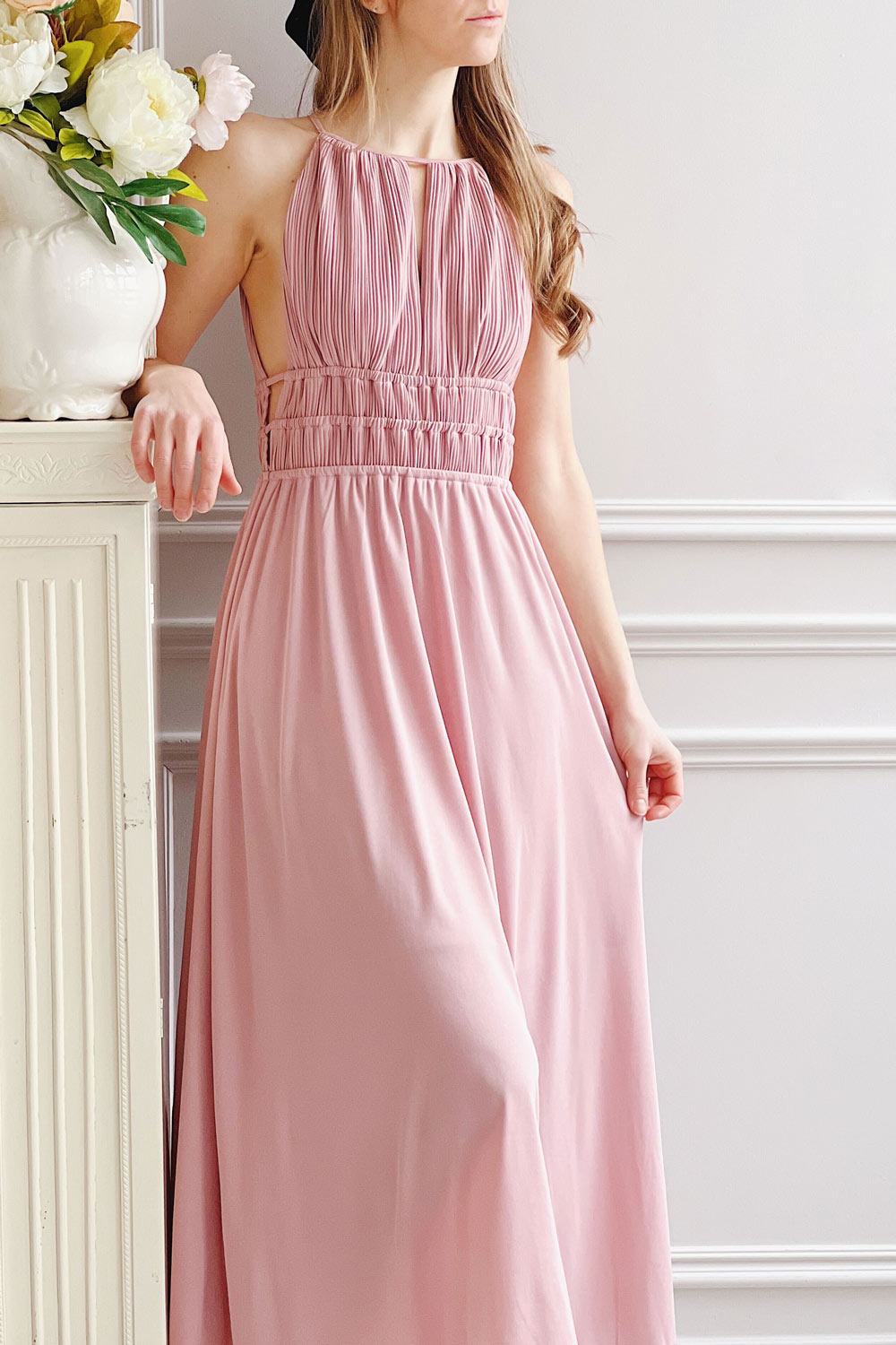 Dovie | Mauve Midi Dress w/ Pleated Bodice-Boutique 1861 on model