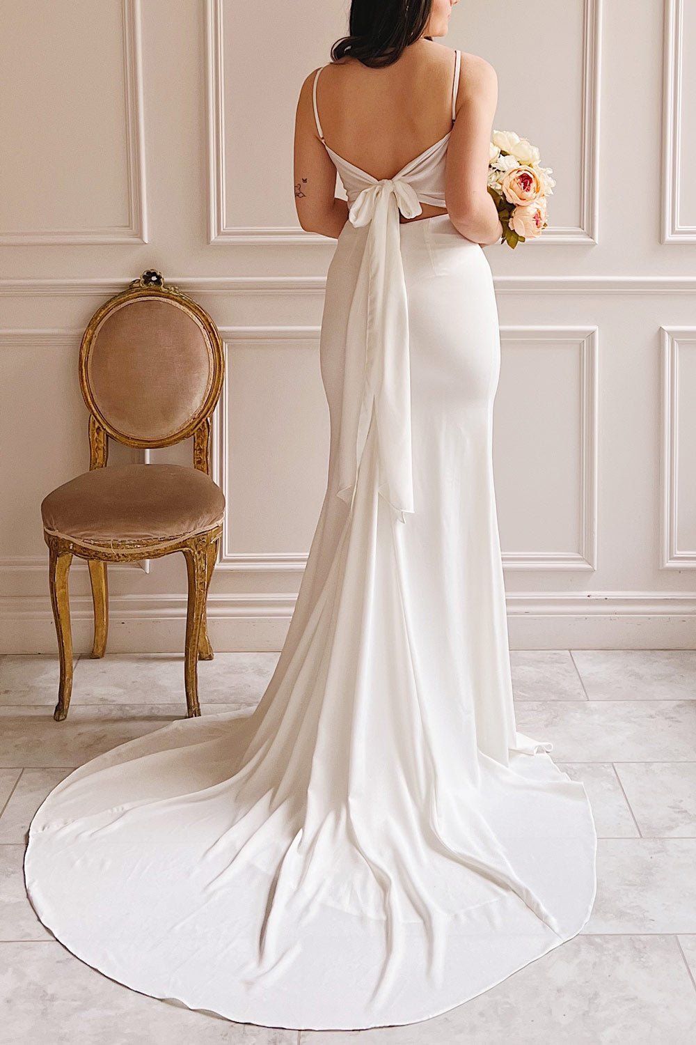 Elarielle | Tie-Back White Cowl Neck Wedding Gown- on model