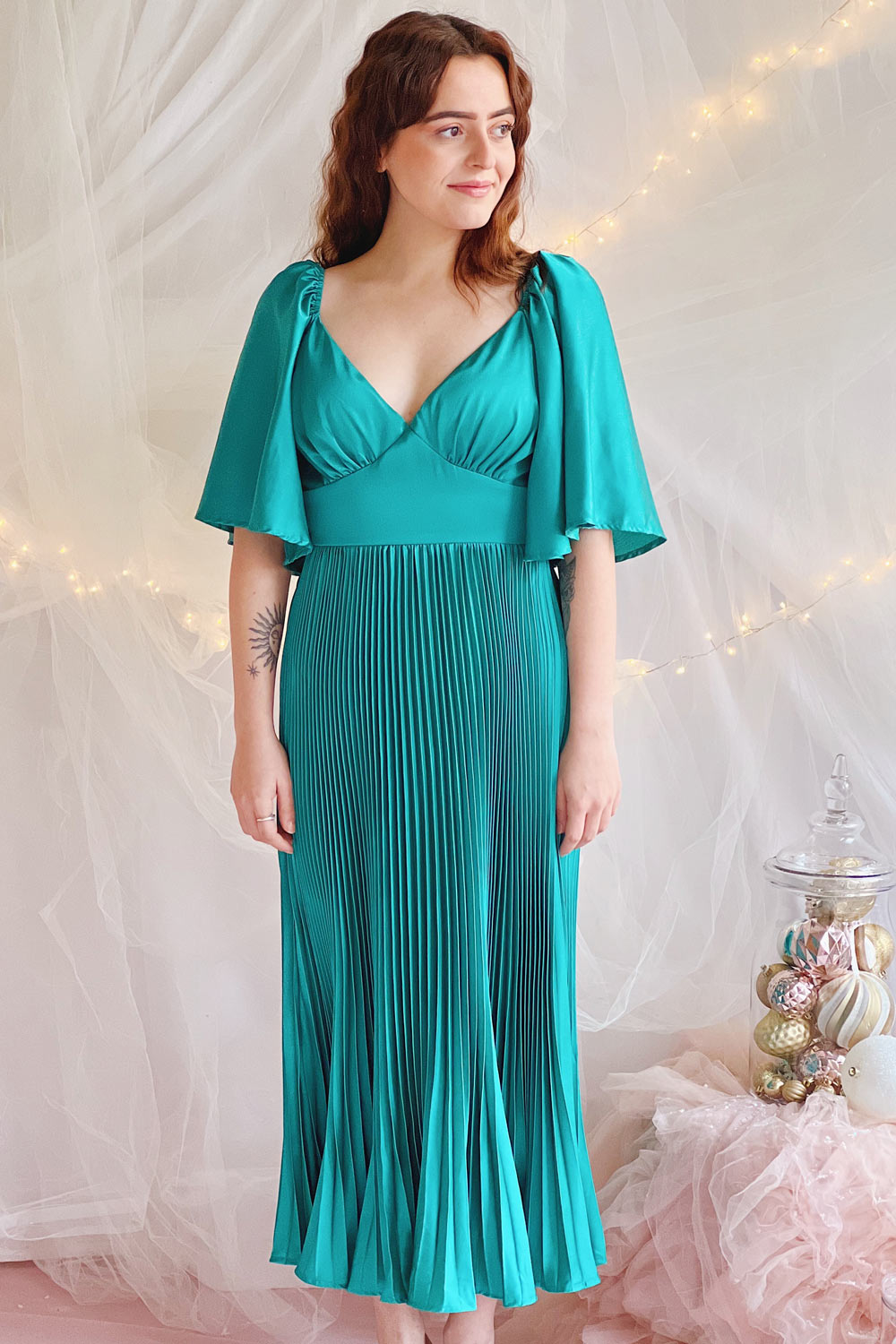 Elstree | Midi Pleated Teal Dress- Boutique 1861 on model