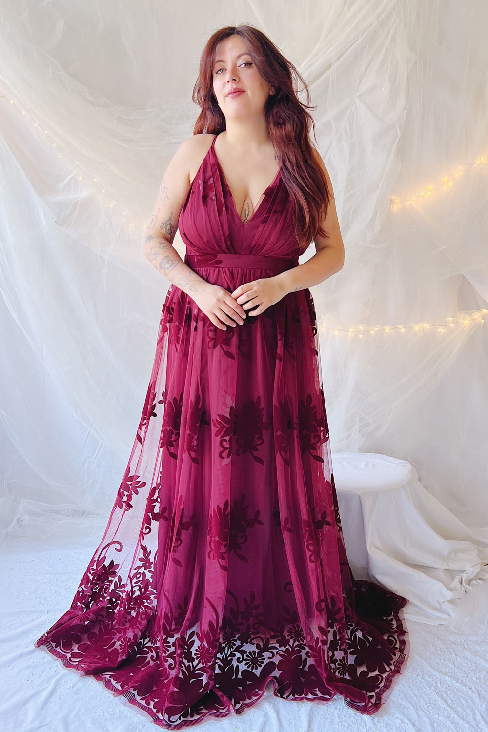 Hyade Burgundy | Plus Size Floral V-Neck Maxi Dress- Boutique 1861 on model